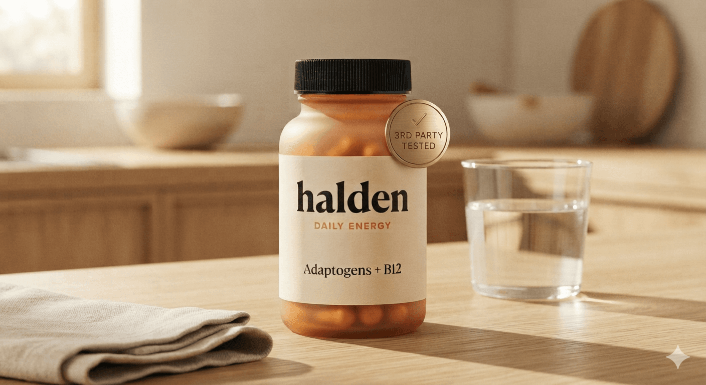 Halden Daily Energy bottle with a third-party tested seal on a kitchen table